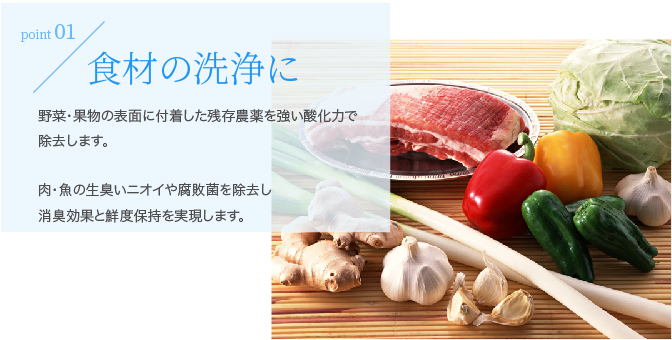 食材の洗浄に。お肉・お魚の生臭いニオイや腐敗菌も除去し、
消臭効果と鮮度維持を実現します。お野菜・果物の残留農薬の除去にもご利用いただけます。